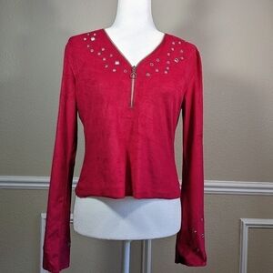 Berry Suede Bell Long Sleeve Silver Detail Top